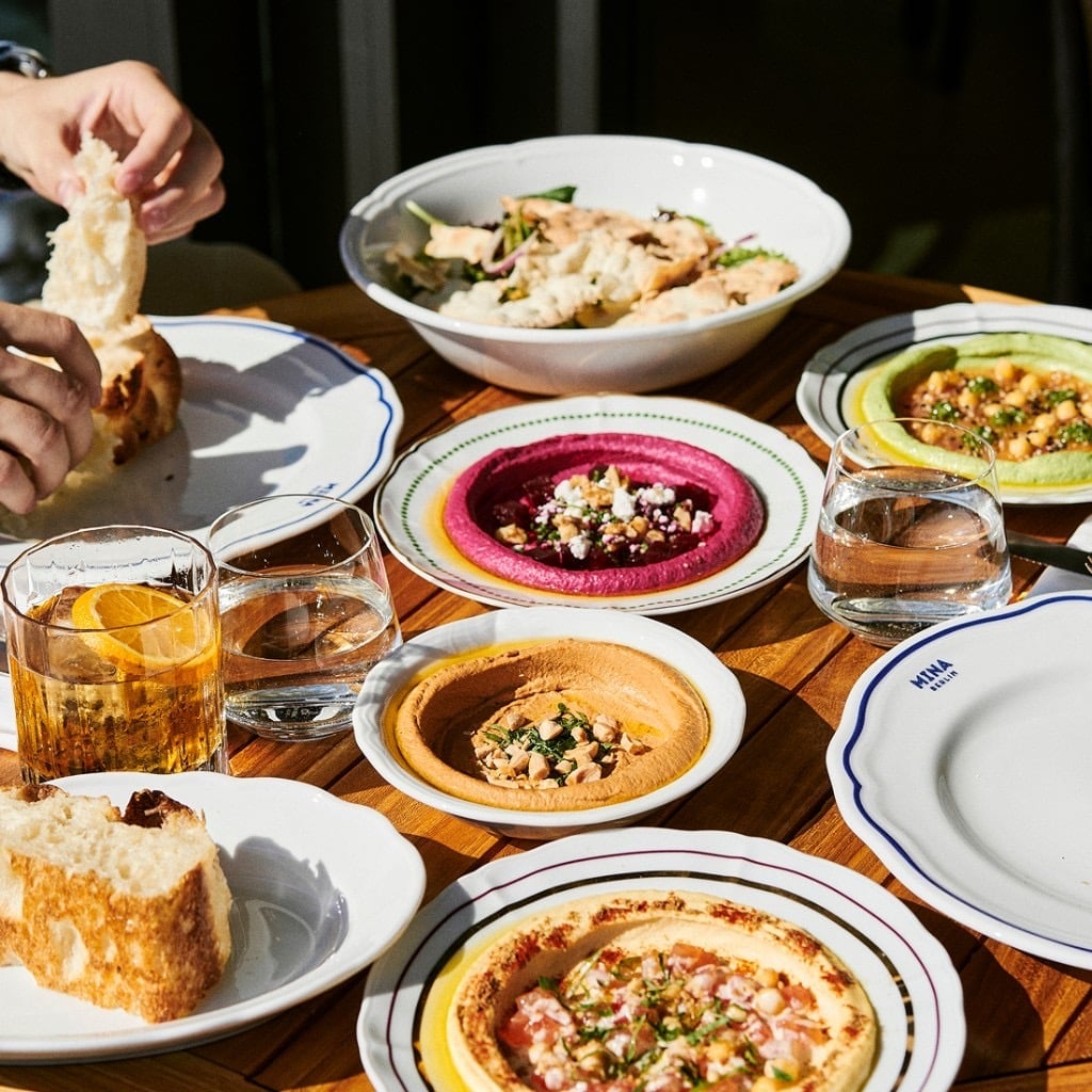 Classic Hummus, Avocado Hummus, Pink Beetroot Hummus, Muhammara, Fattoush Salad