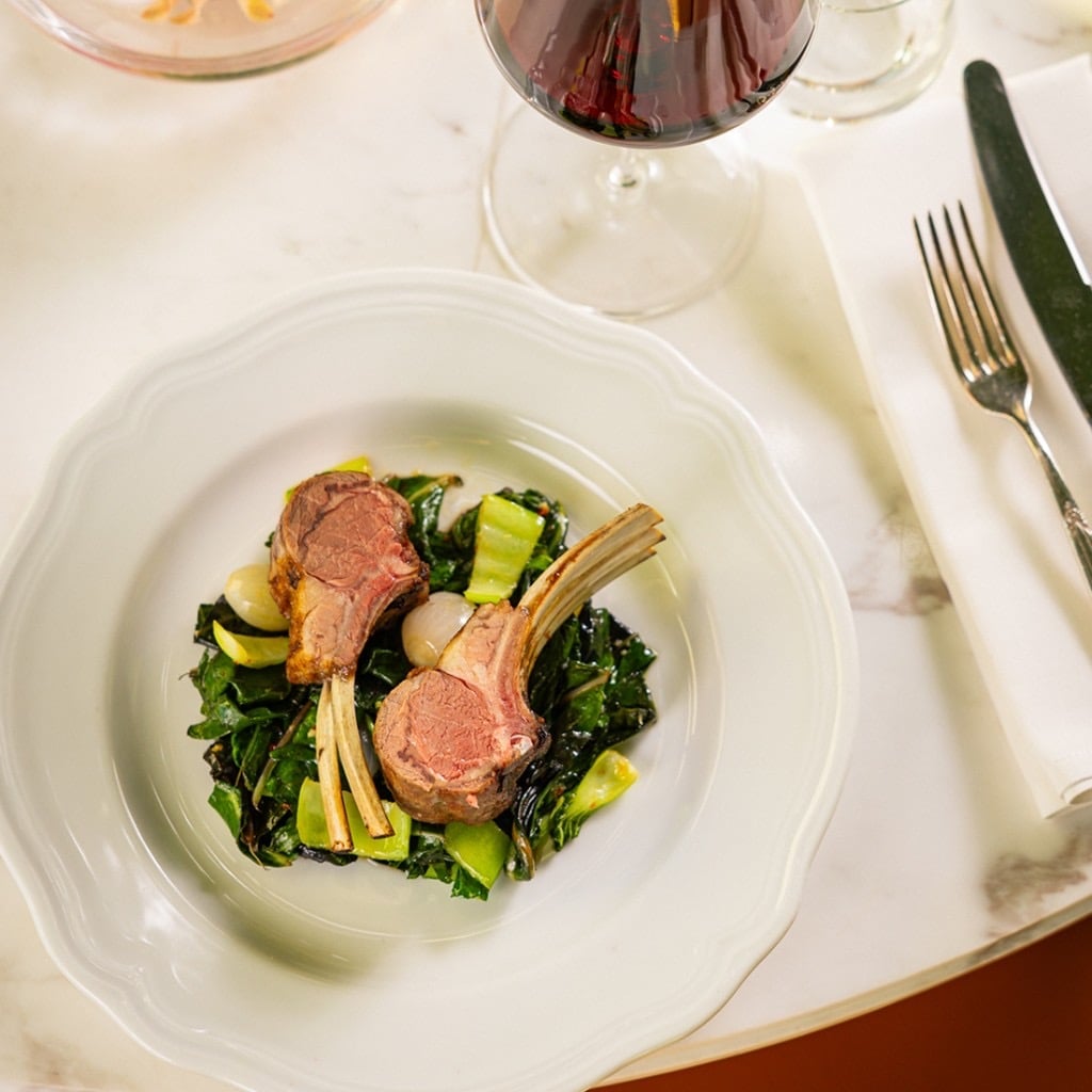 Agnello Alla Griglia, Grilled Lamb Chops with Wild Chard and Cippollini Onions