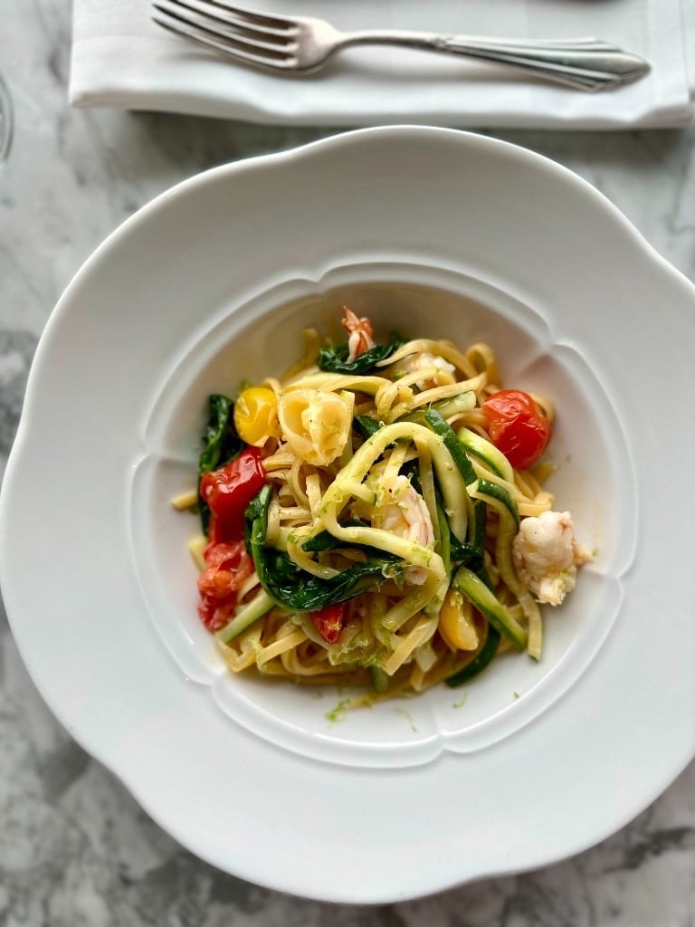Tagliolini with tiger prawns and zucchini
